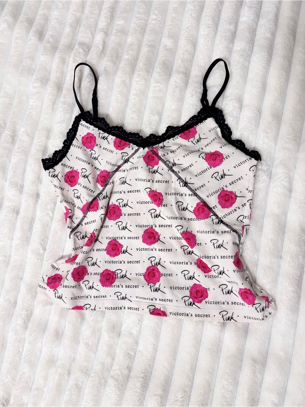 Vintage 2004 Victoria’s Secret PINK Rose Print Black Lace Trim Cami